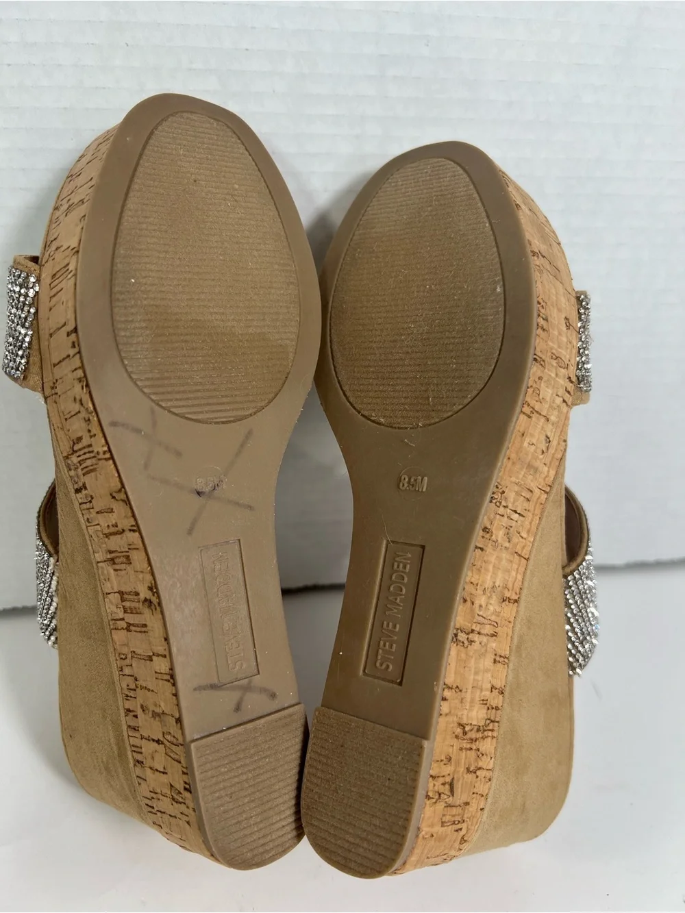 Steve Madden Sandro Rhinestone Cork Wedge Slide Sandals Beige 8.5M